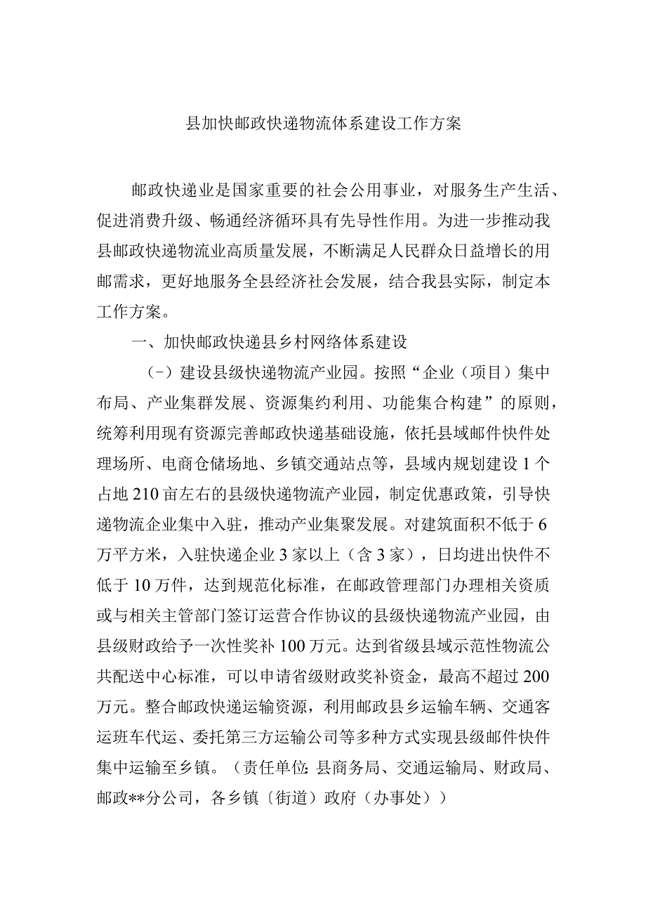 县加快邮政快递物流体系建设工作方案.docx_第1页