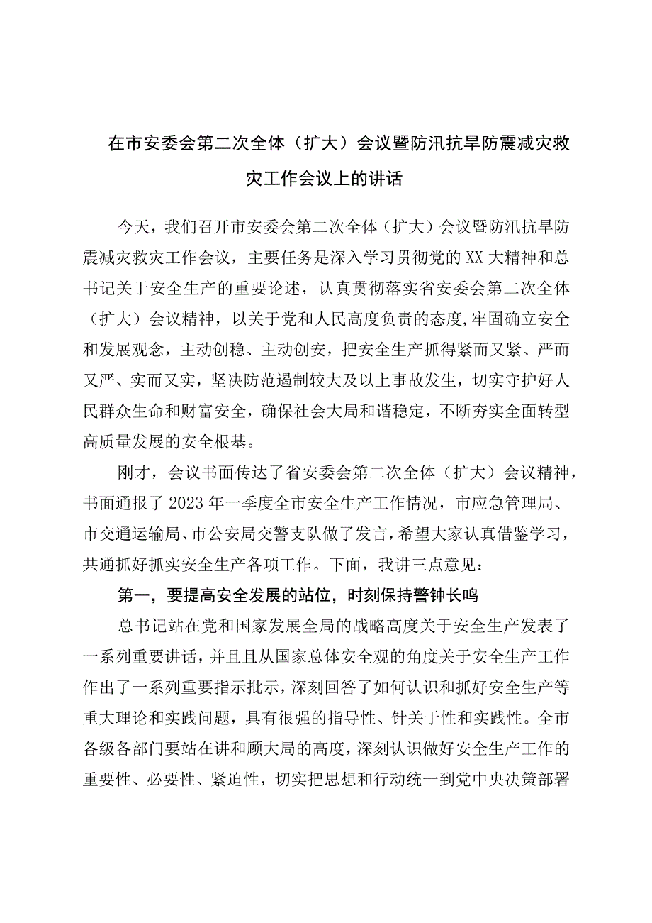 在市安委会第二次全体扩大会议暨防汛抗旱防震减灾救灾工作会议上的讲话.docx_第1页