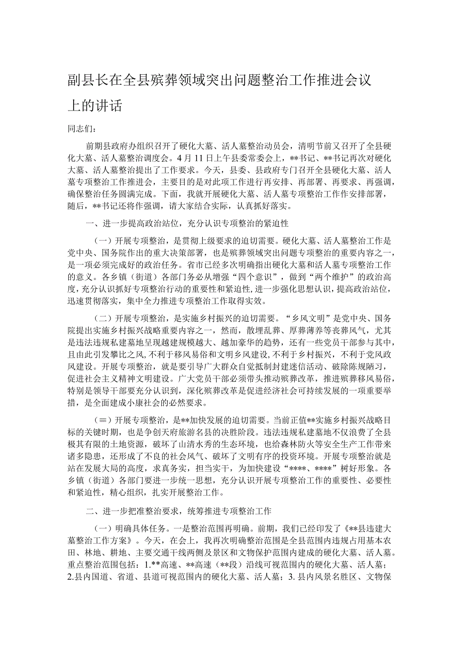 副县长在全县殡葬领域突出问题整治工作推进会议上的讲话.docx_第1页