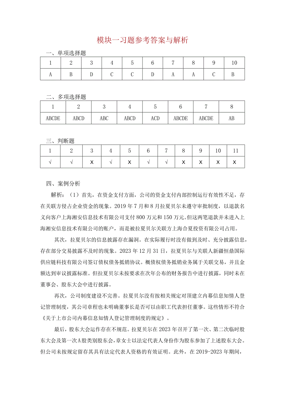 内部控制与风险管理 习题答案张薇 模块一 内部控制基础.docx_第1页