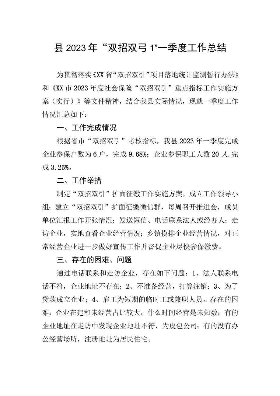 县2023年双招双引一季度工作总结20230526.docx_第1页