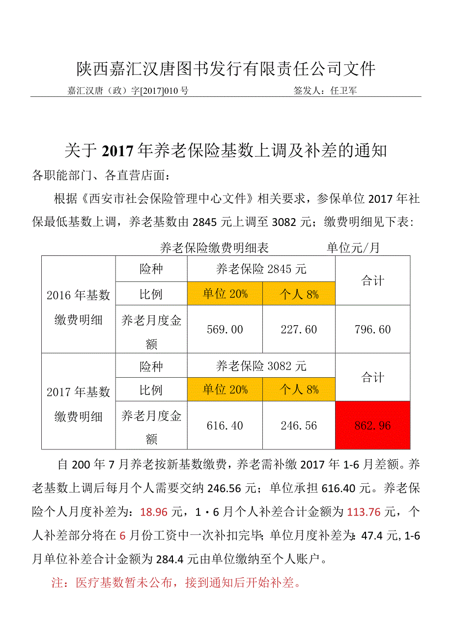 关于2017年养老保险基数上调及补差通知.docx_第1页