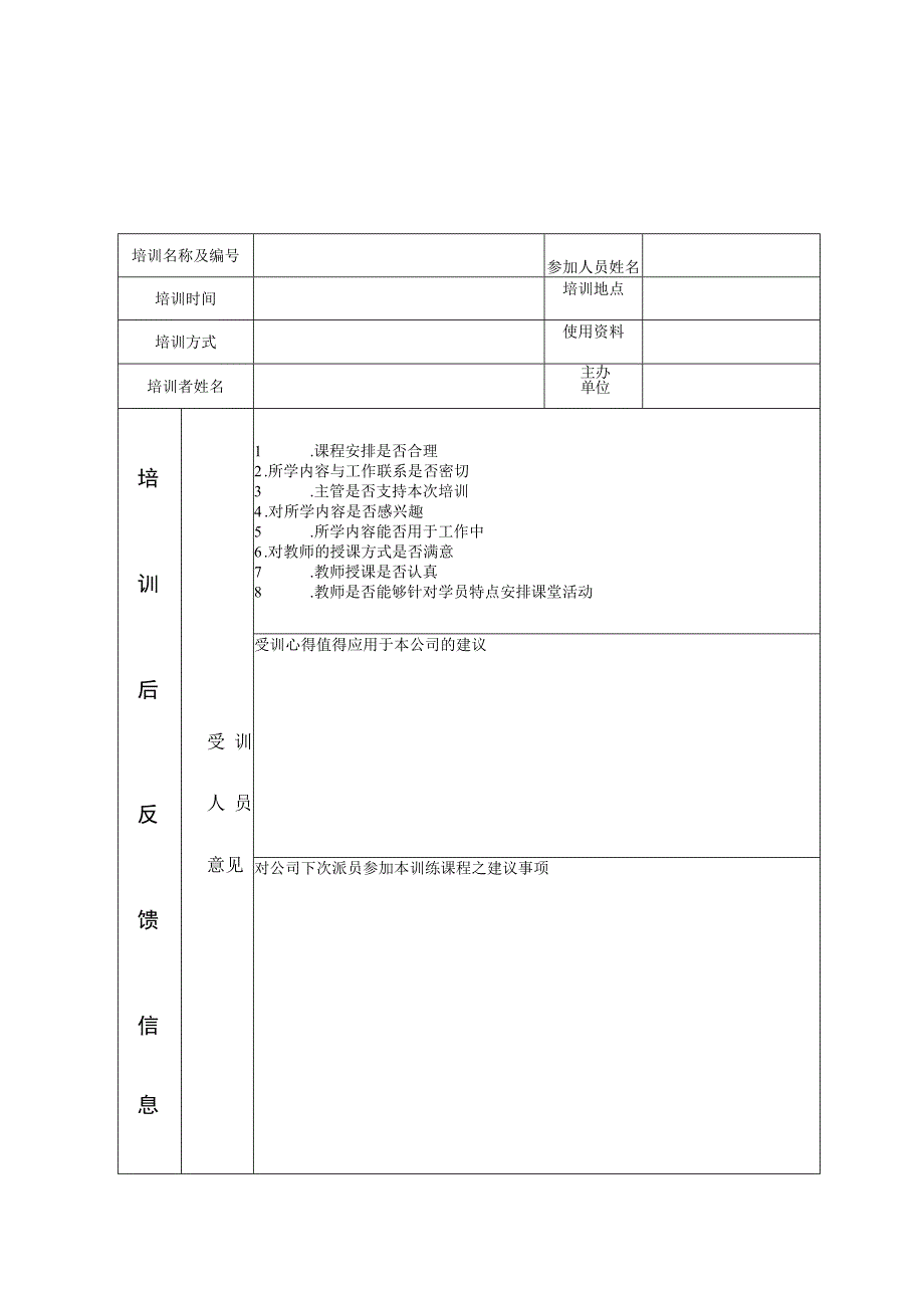 员工培训反馈信息和员工培训考核表.docx_第1页