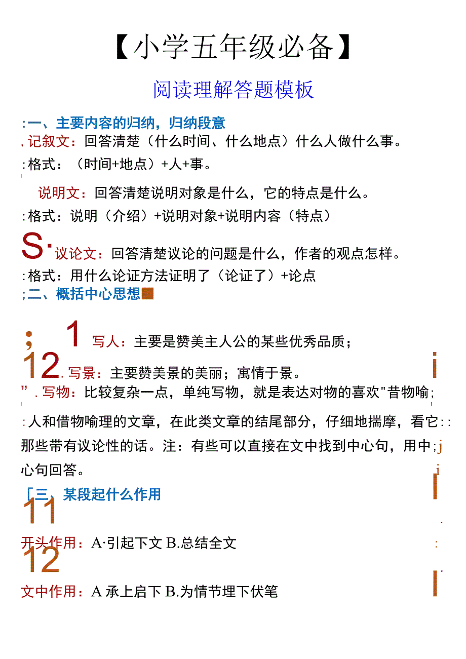 小学五年级必备 阅读理解答题模板.docx_第1页