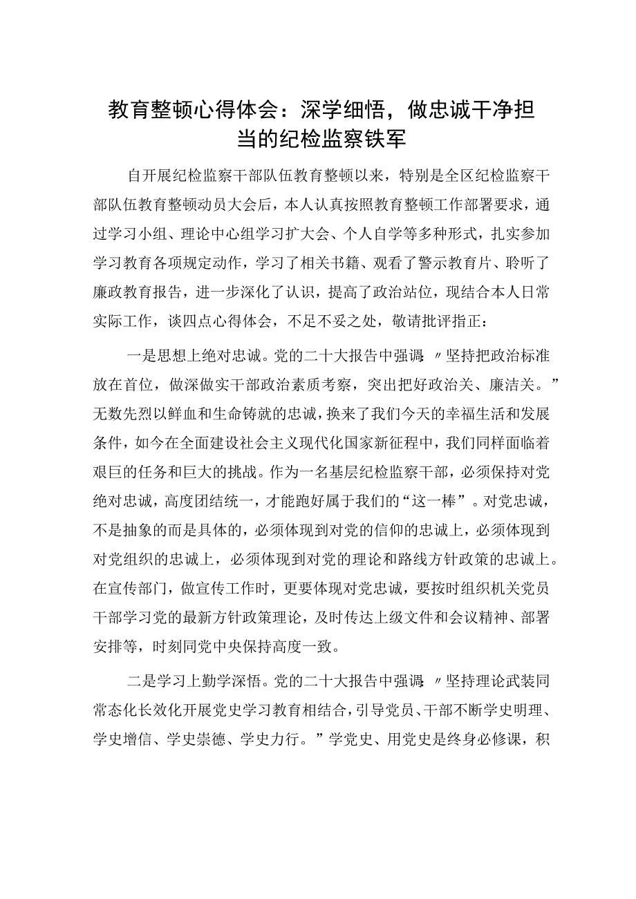 教育整顿心得体会：深学细悟做忠诚干净担当的纪检监察铁军.docx_第1页