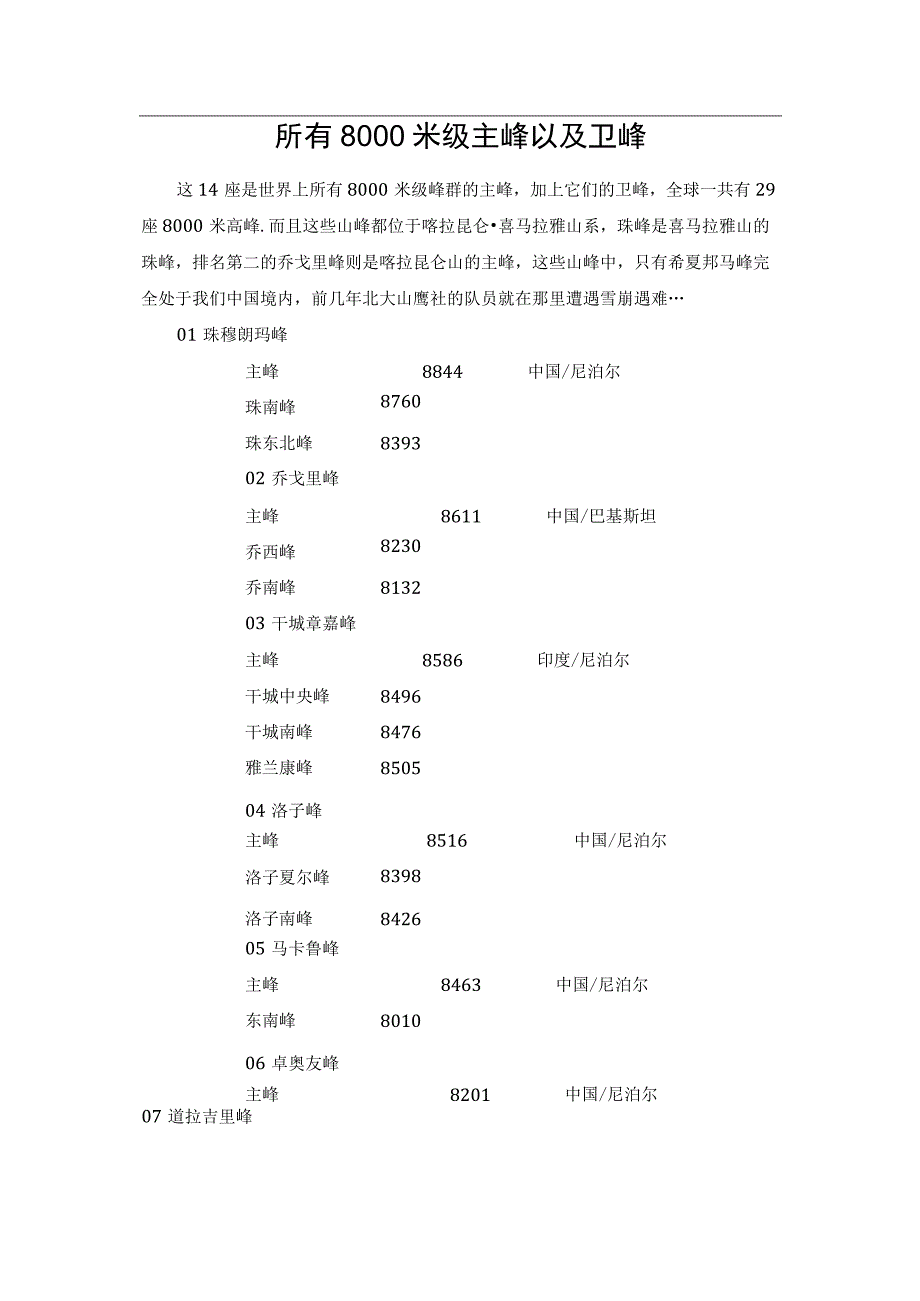 所有8000米级主峰以及卫峰.docx_第1页