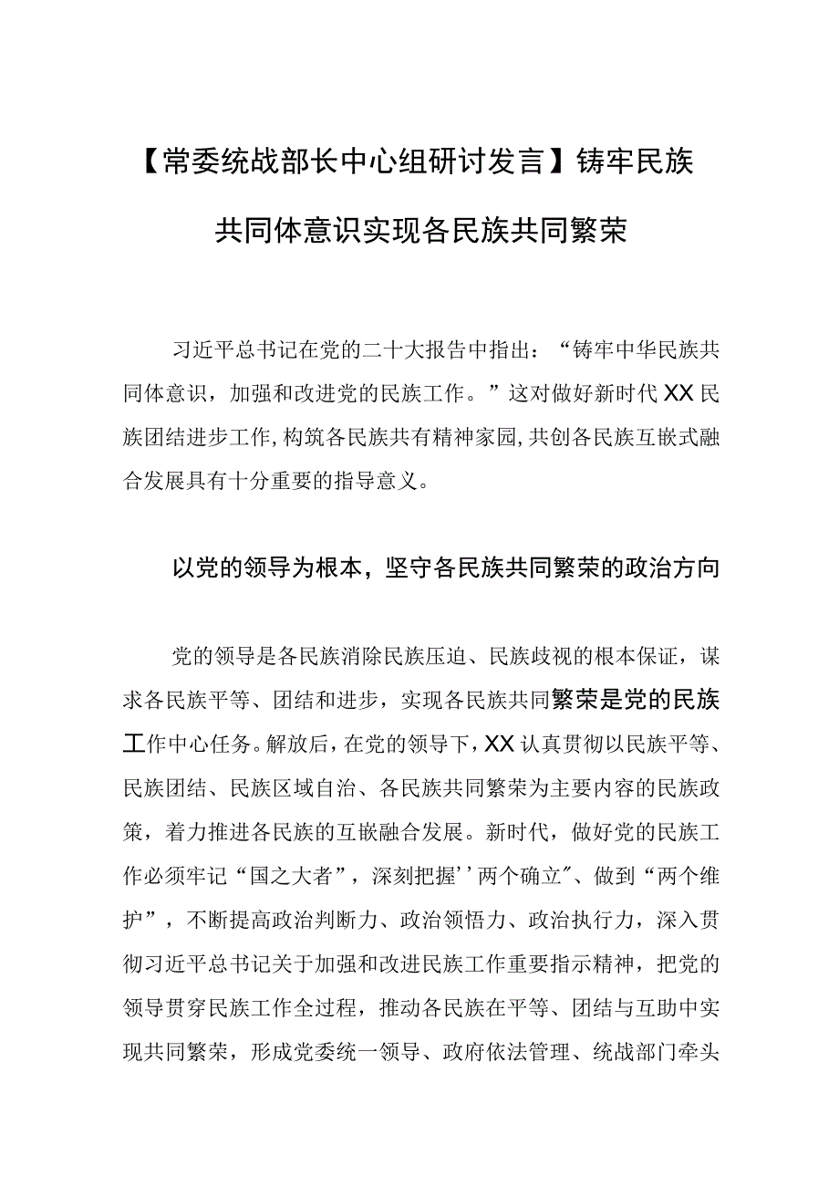 常委统战部长中心组研讨发言铸牢民族共同体意识 实现各民族共同繁荣.docx_第1页