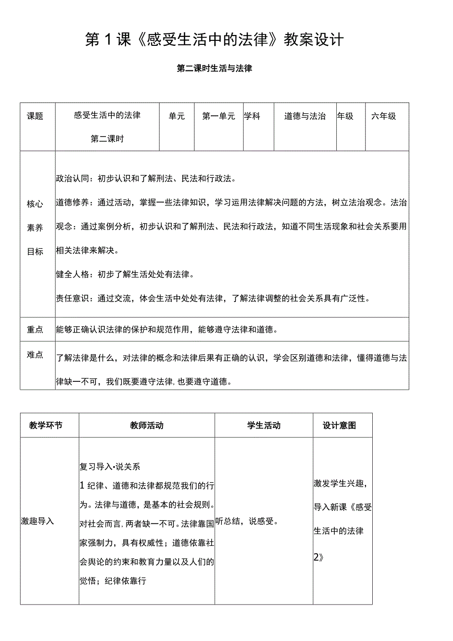 核心素养目标1 感受生活中的法律 第二课时 教案.docx_第1页