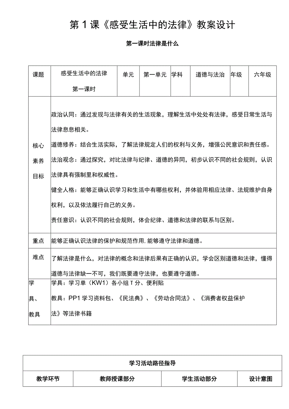 核心素养目标1 感受生活中的法律 第一课时 教案.docx_第1页