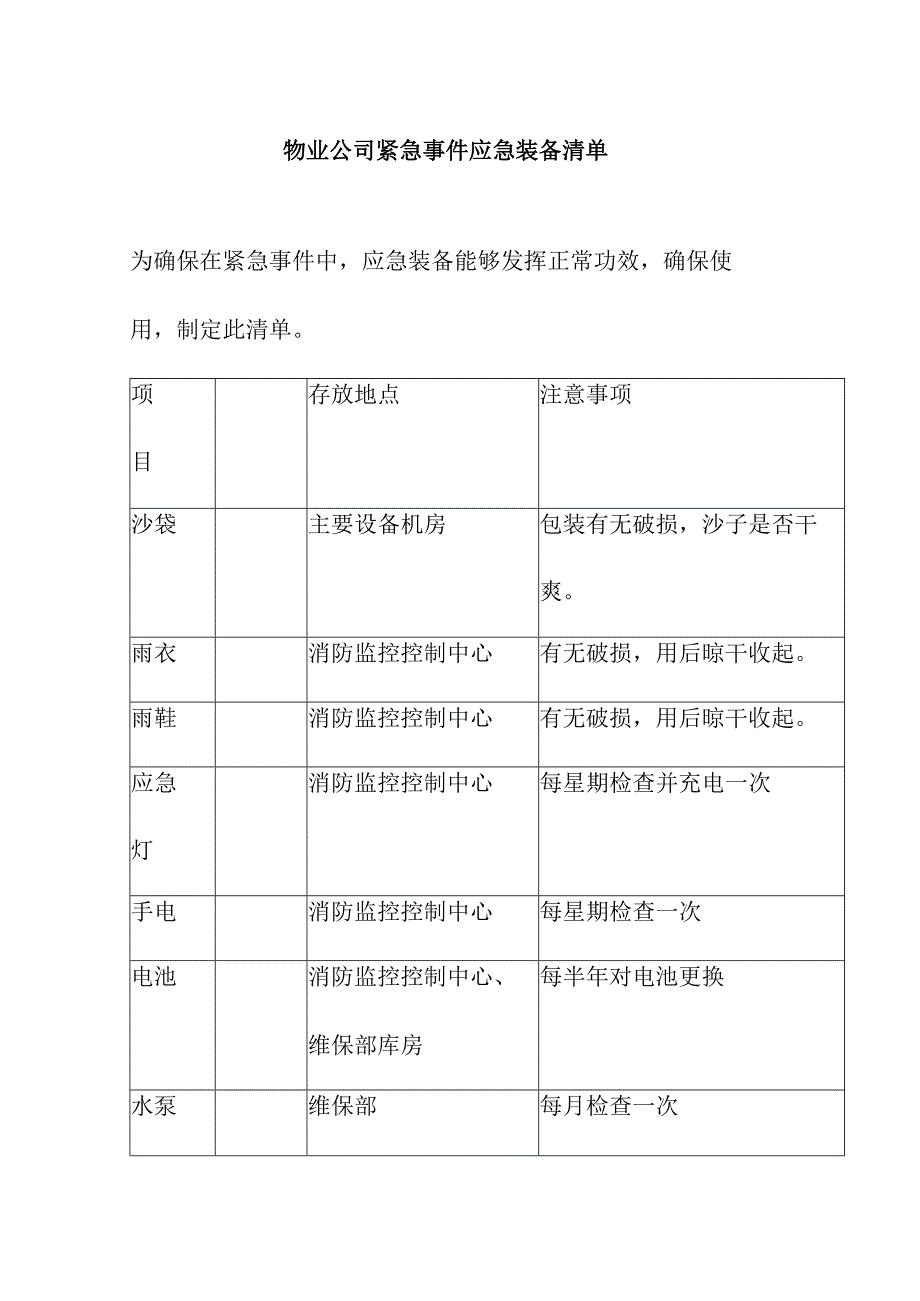 物业公司紧急事件应急装备清单.docx_第1页