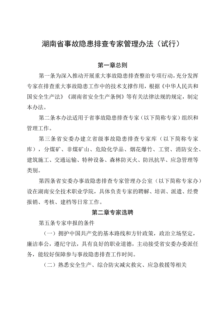 湖南省事故隐患排查专家管理办法试行.docx_第1页