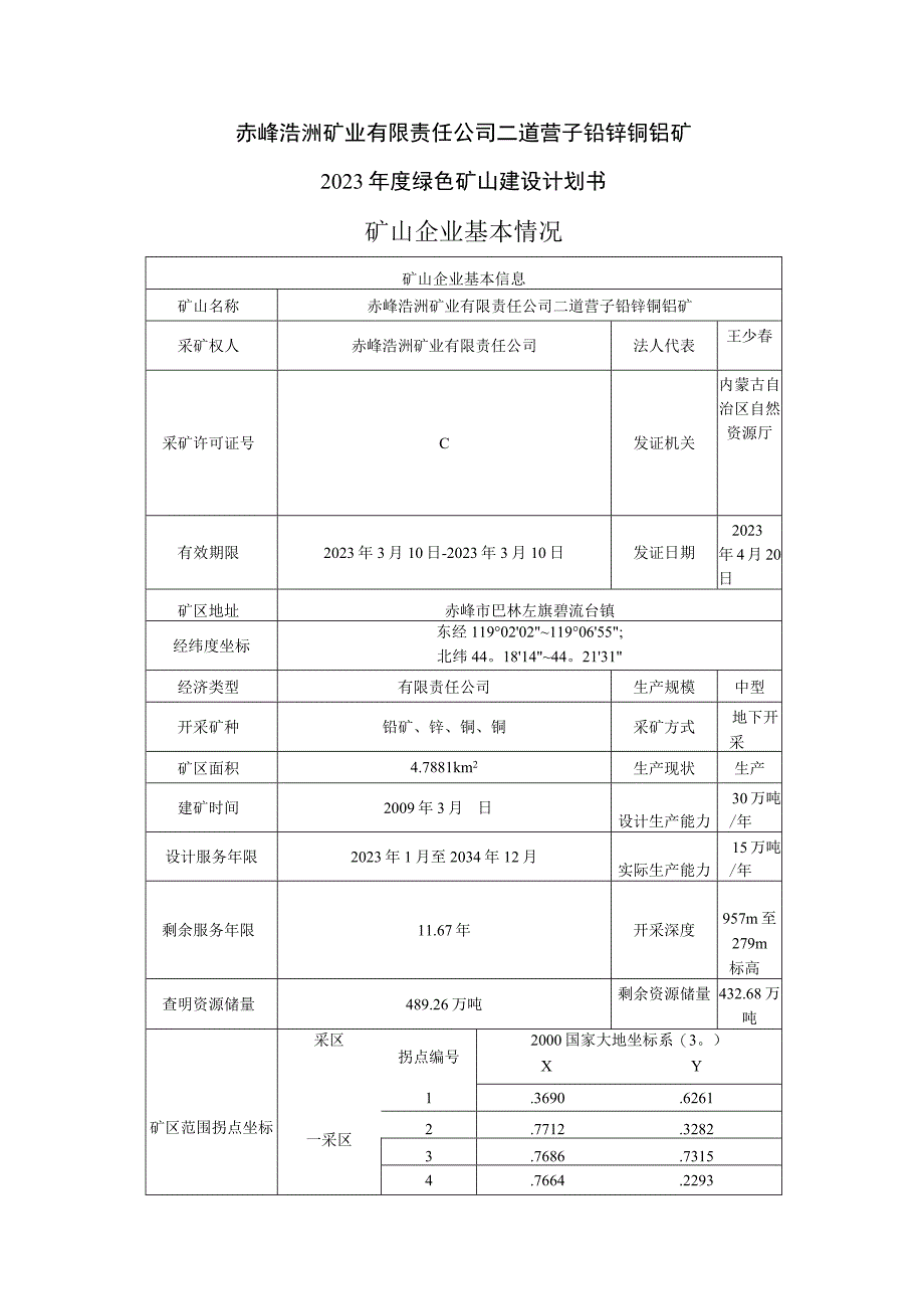 赤峰浩洲矿业有限责任公司二道营子铅锌铜钼矿2023年度绿色矿山建设计划书矿山企业基本情况.docx_第1页