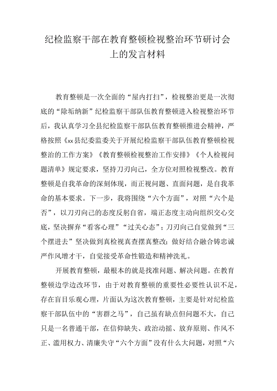 纪检监察干部在教育整顿检视整治环节研讨会上的发言材料.docx_第1页