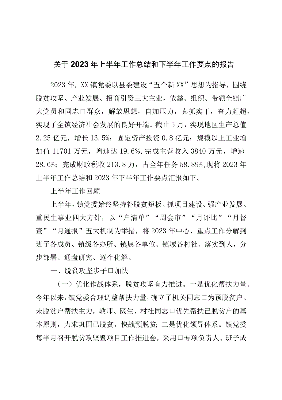 镇党委关于2023年上半年工作总结和下半年工作要点的报告.docx_第1页