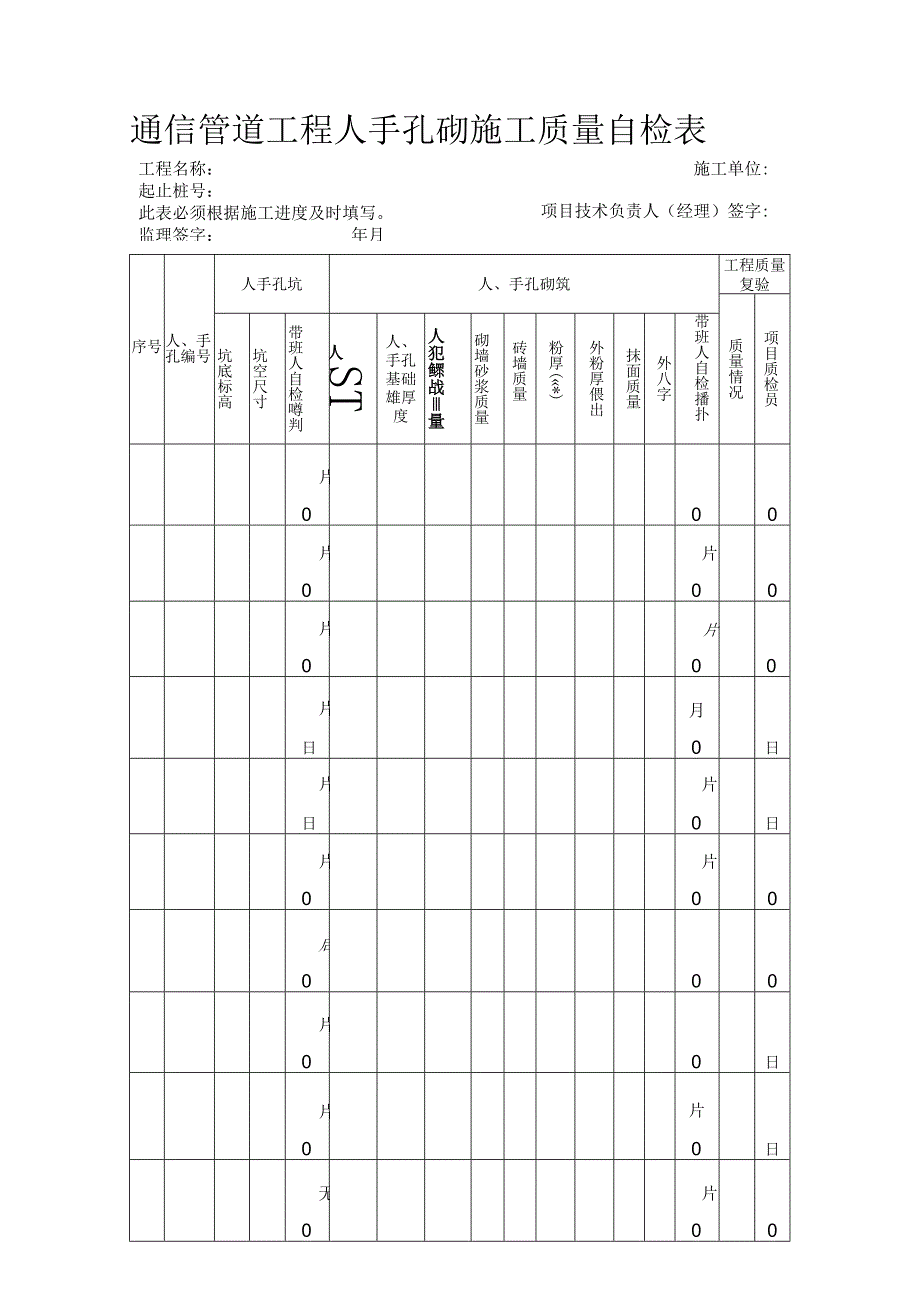 通信管道工程人手孔砌施工质量自检表.docx_第1页