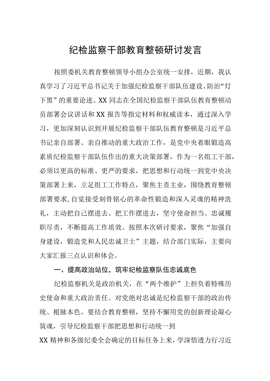 纪检监察干部教育整顿研讨发言八篇精选供参考.docx_第1页