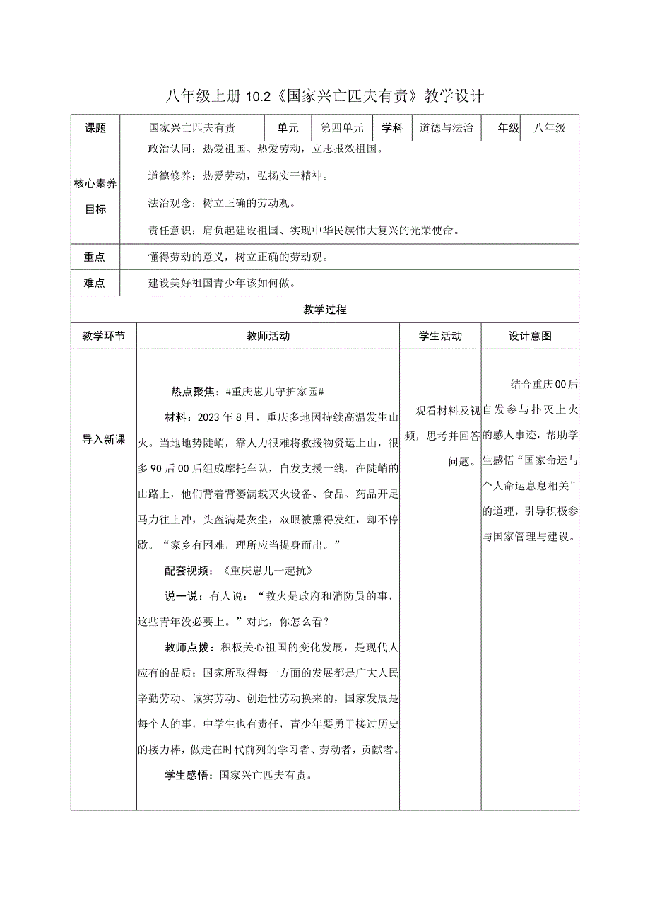 道德与法治人教版八年级上册2017年新编102 国家兴亡 匹夫有责 教学设计.docx_第1页