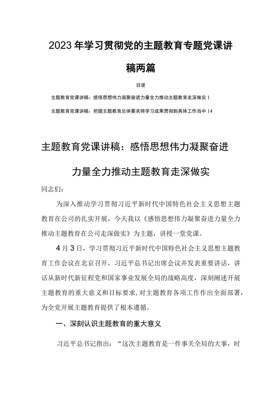 2023年学习贯彻党的主题教育专题党课讲稿两篇.docx_第1页