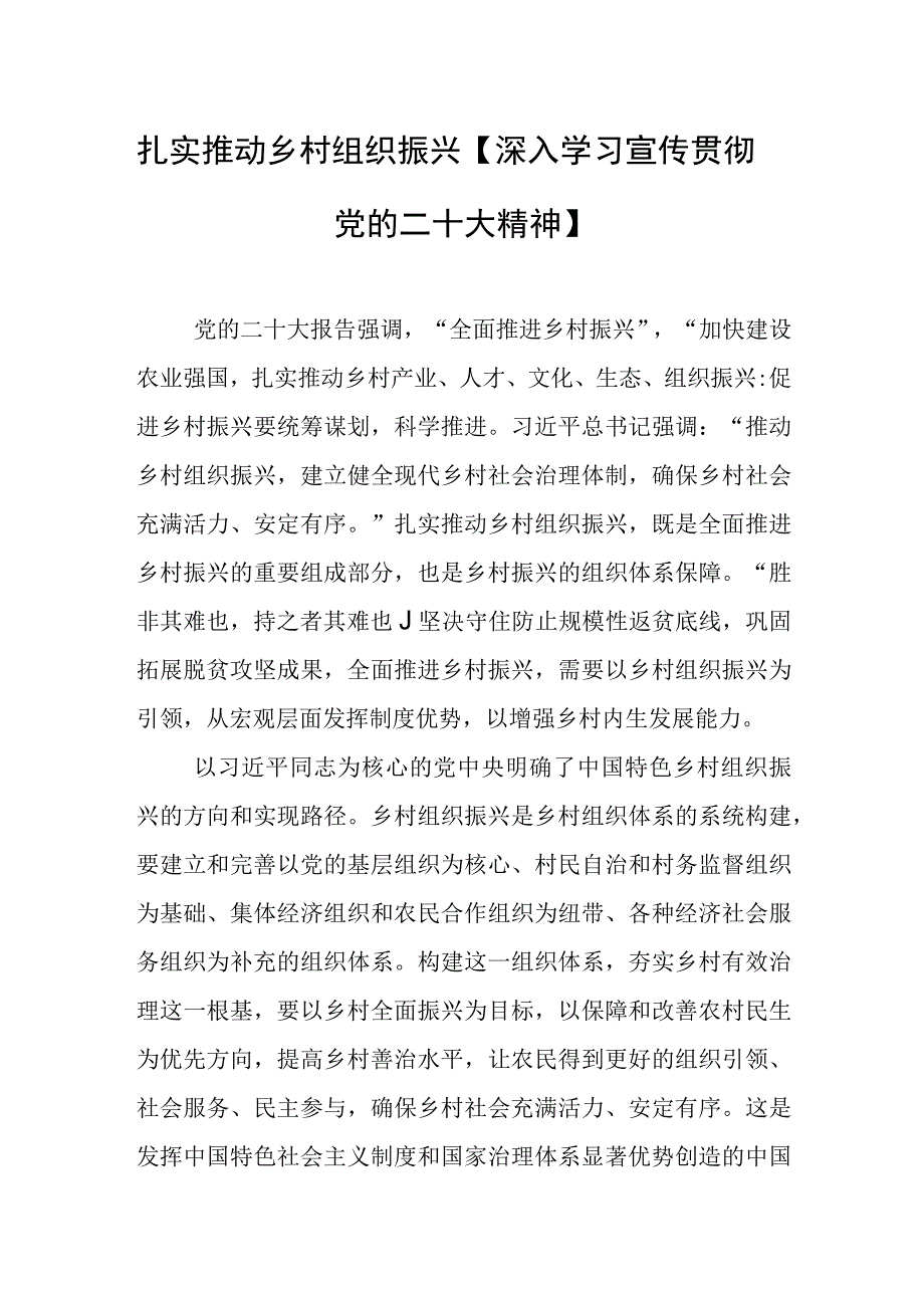 2023年党建理论文章：扎实推动乡村组织振兴深入学习宣传贯彻党的二十大精神.docx_第1页