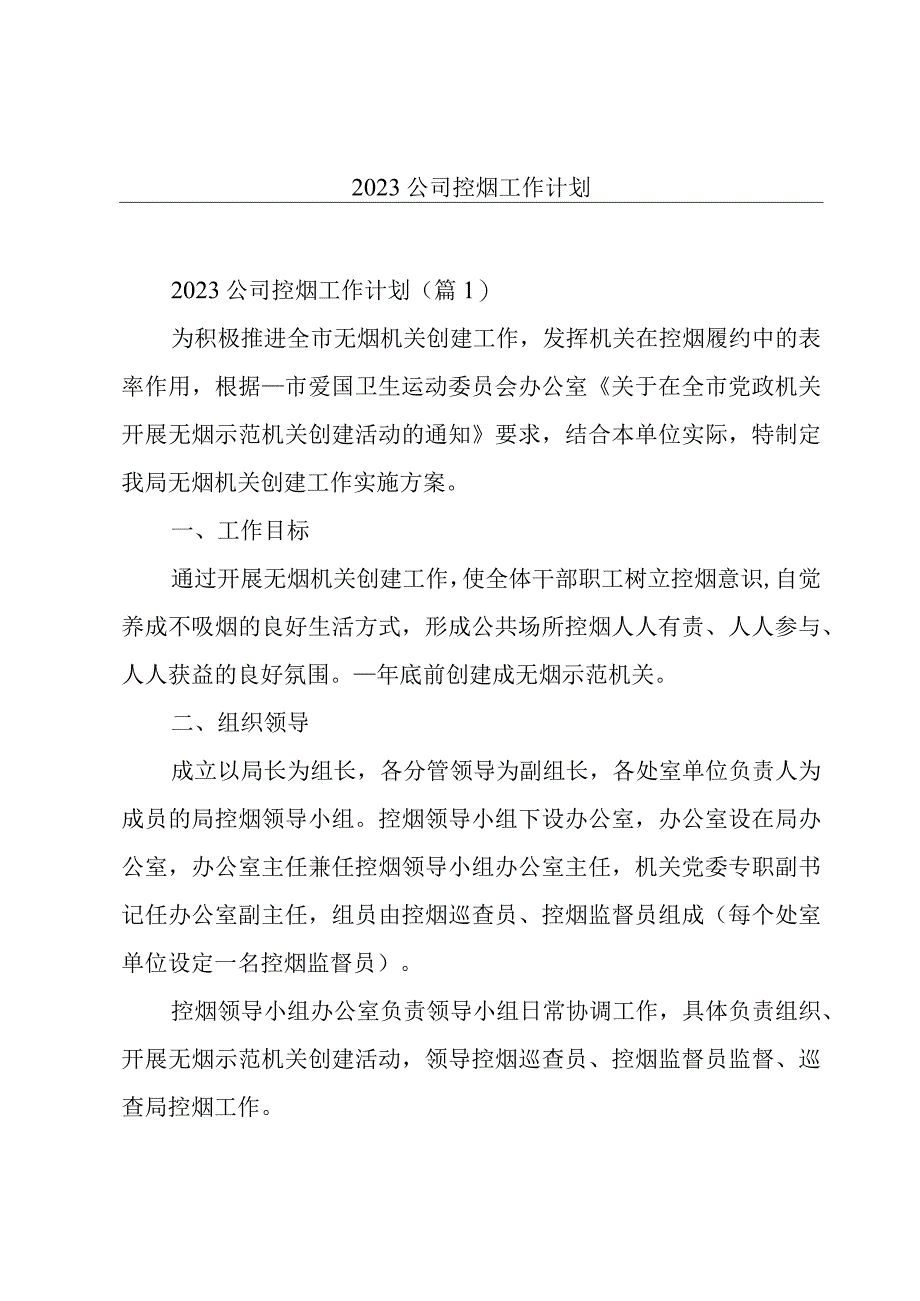 2023公司控烟工作计划.docx_第1页