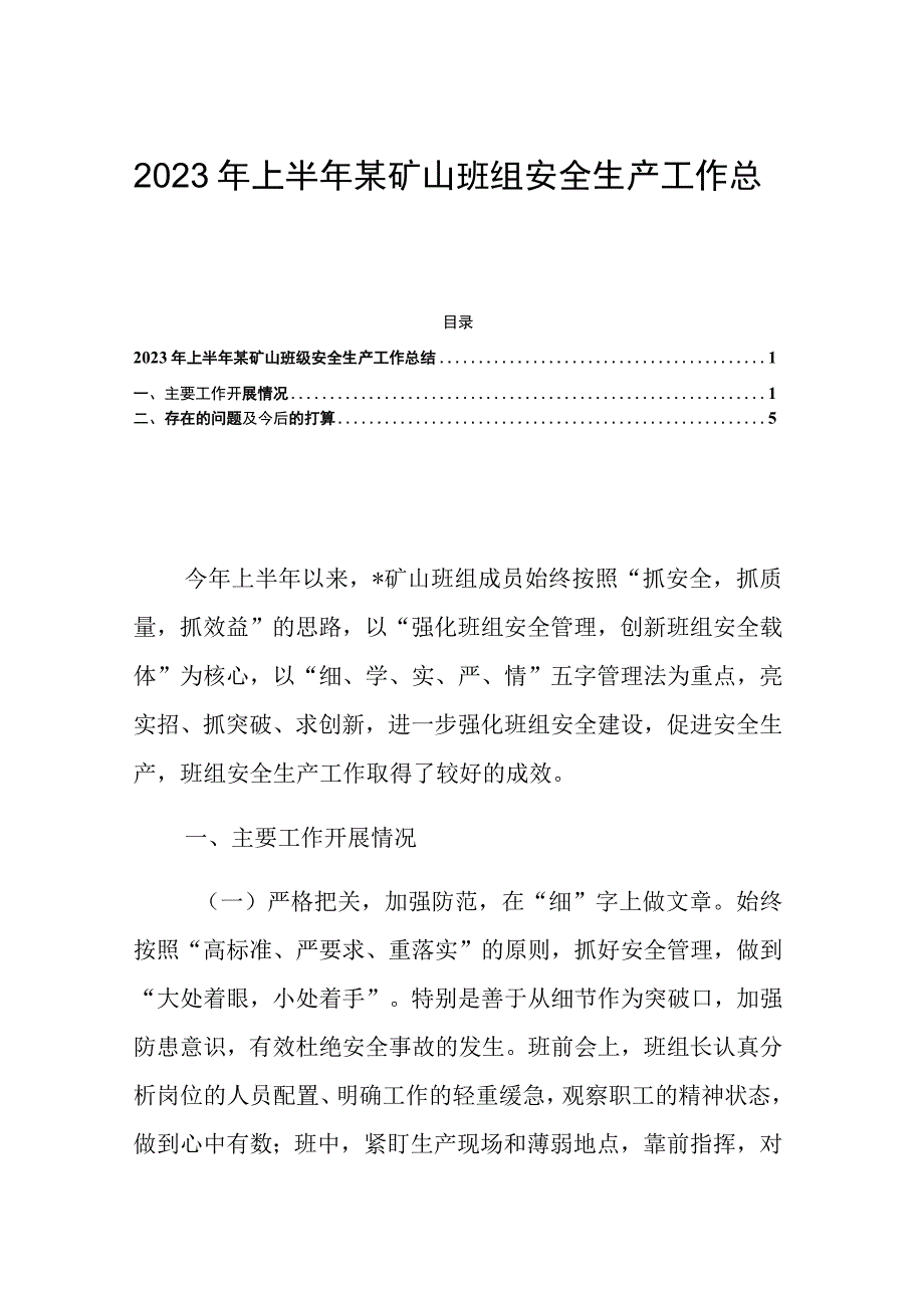 2023年上半年某矿山班组安全生产工作总结.docx_第1页