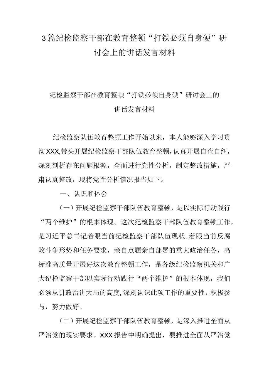 3篇纪检监察干部在教育整顿打铁必须自身硬研讨会上的讲话发言材料.docx_第1页