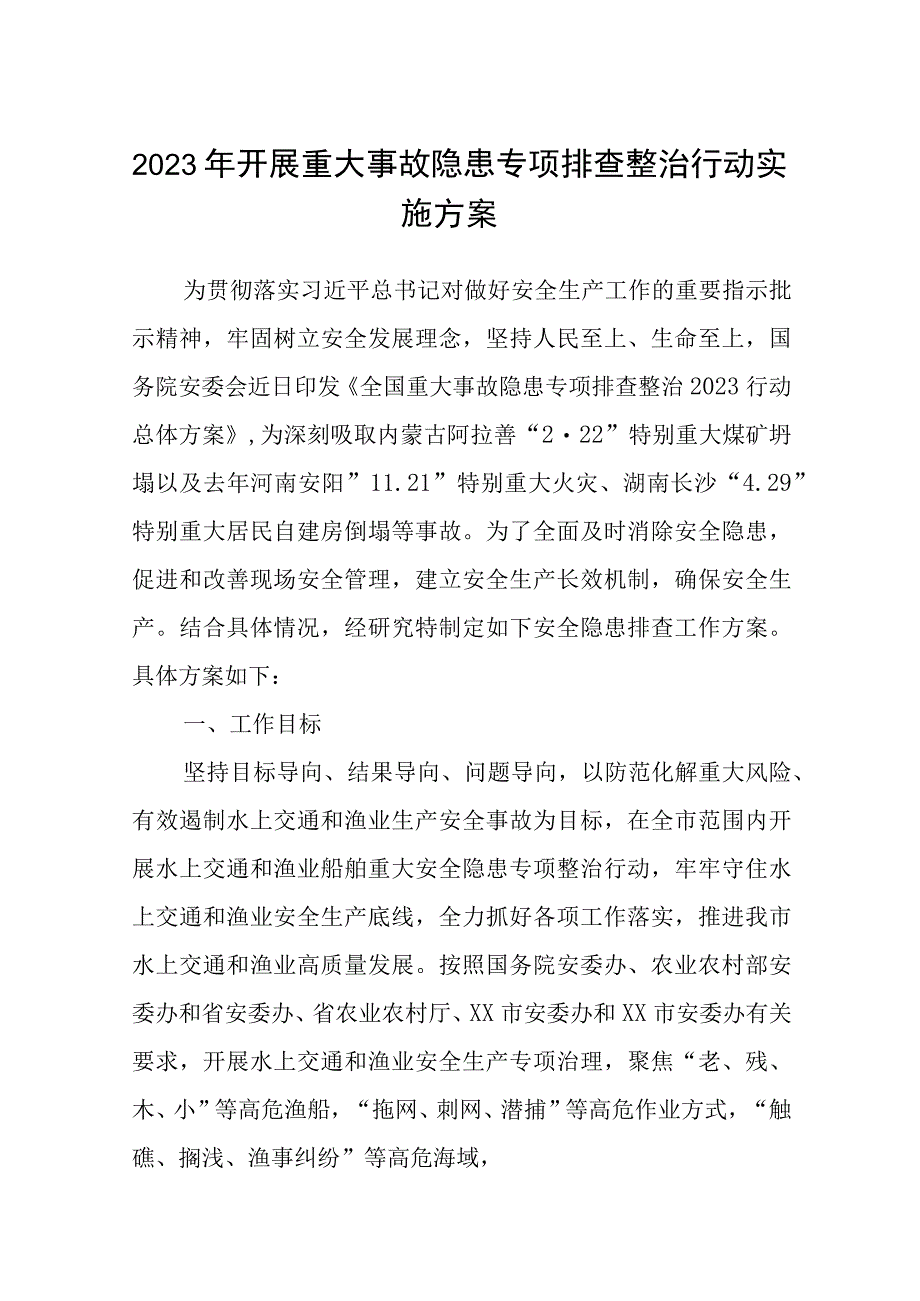 2023年开展重大事故隐患专项排查整治行动实施方案通用精选五篇.docx_第1页