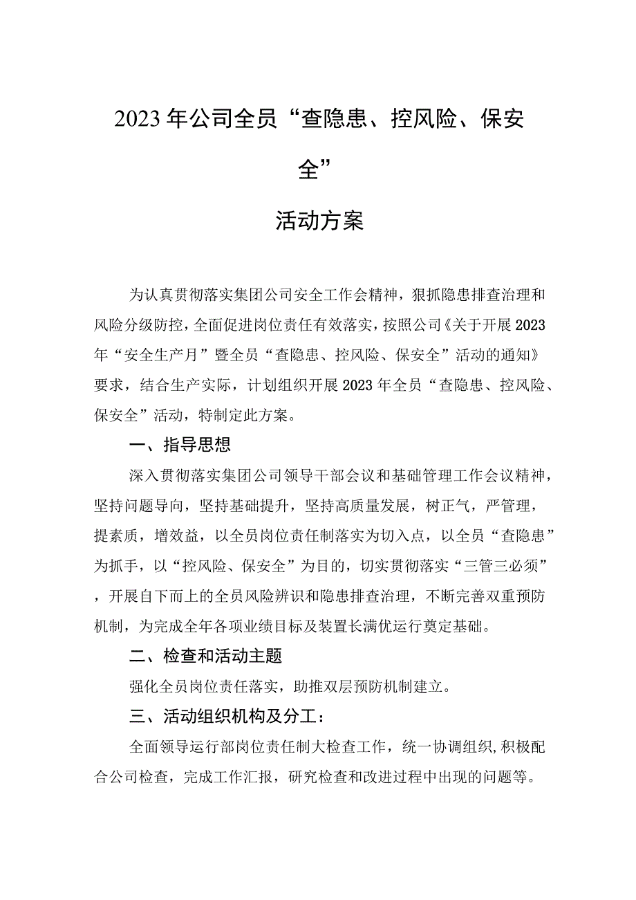 2023年公司全员查隐患控风险保安全活动方案.docx_第1页