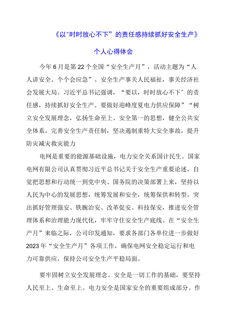 2023年《以时时放心不下的责任感持续抓好安全生产》个人心得体会.docx_第1页