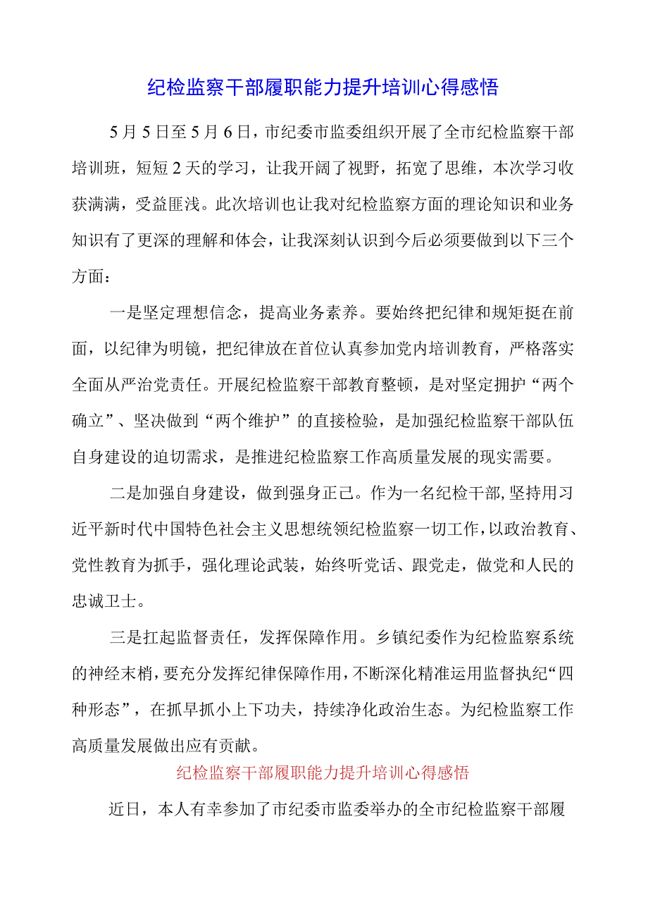 2023年纪检监察干部履职能力提升培训心得感悟.docx_第1页