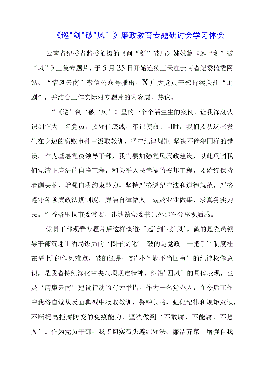 2023年《巡剑破风》廉政教育专题研讨会学习体会.docx_第1页