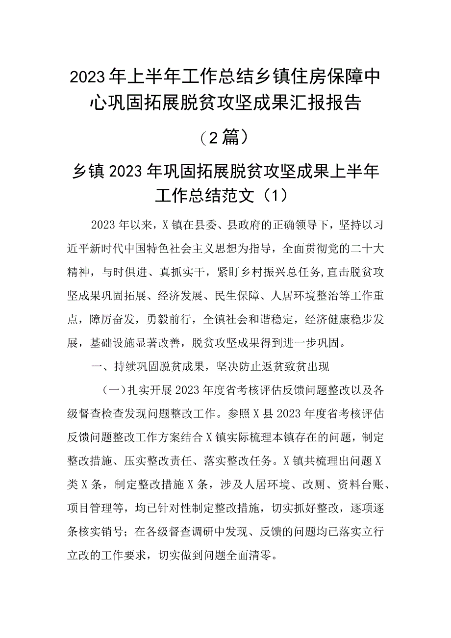 2023年上半年工作总结乡镇住房保障中心巩固拓展脱贫攻坚成果汇报报告2篇_001.docx_第1页