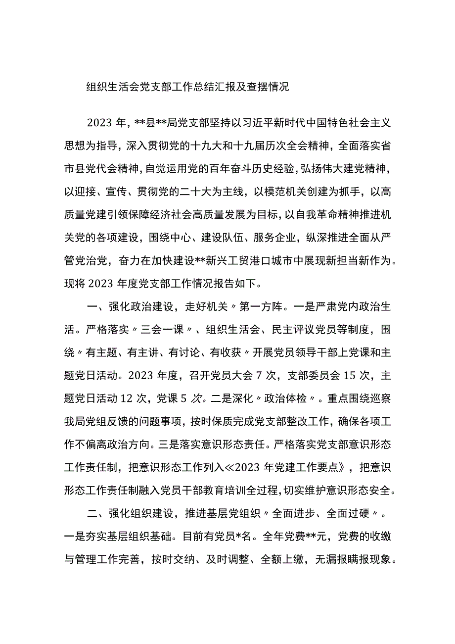 2023年组织生活会党支部工作总结汇报及查摆情况.docx_第1页