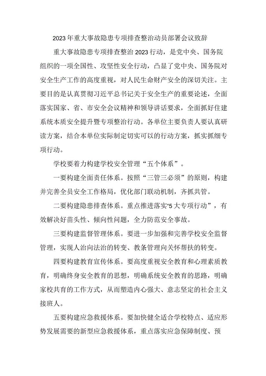 2023年市区开展重大事故隐患专项排查整治动员部署会议致辞 8份.docx_第1页