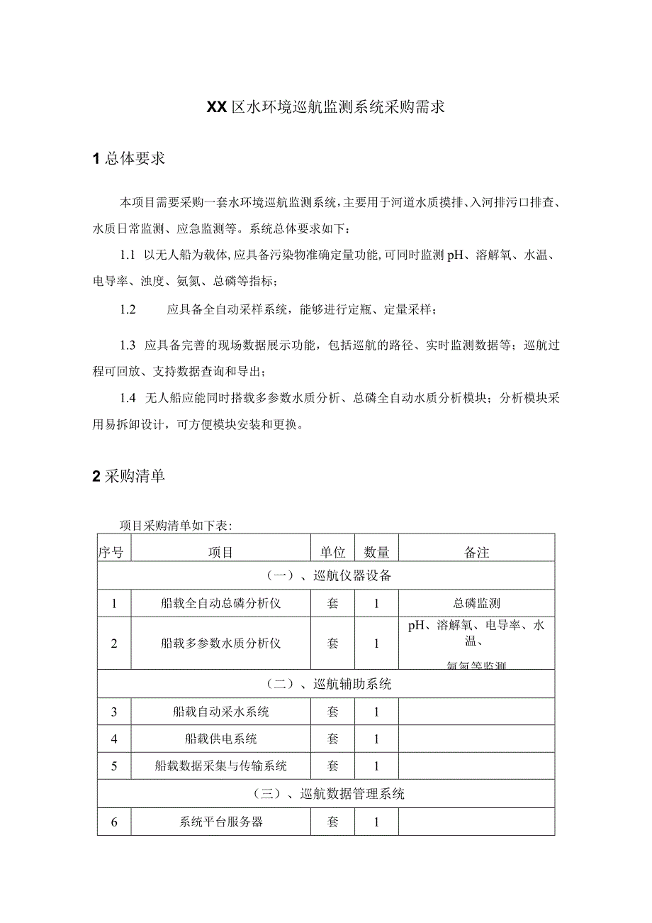 XX区水环境巡航监测系统采购需求.docx_第1页