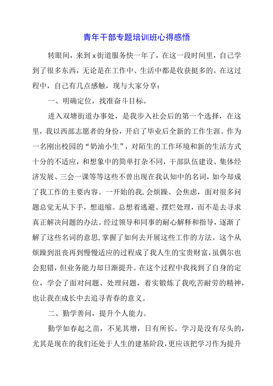 2023年青年干部专题培训班心得感悟.docx_第1页