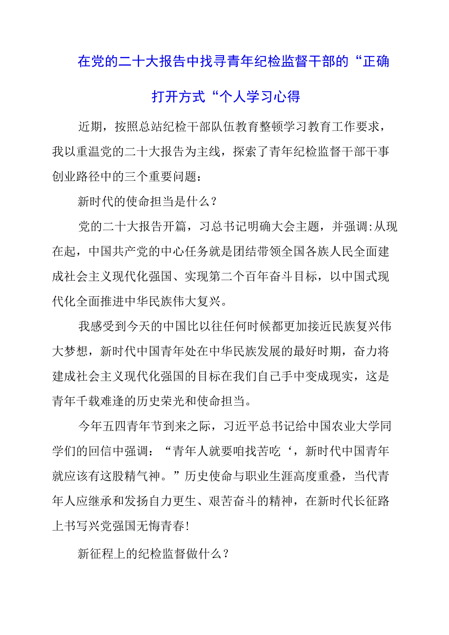 2023年在党的二十大报告中找寻青年纪检监督干部的正确打开方式个人学习心得.docx_第1页