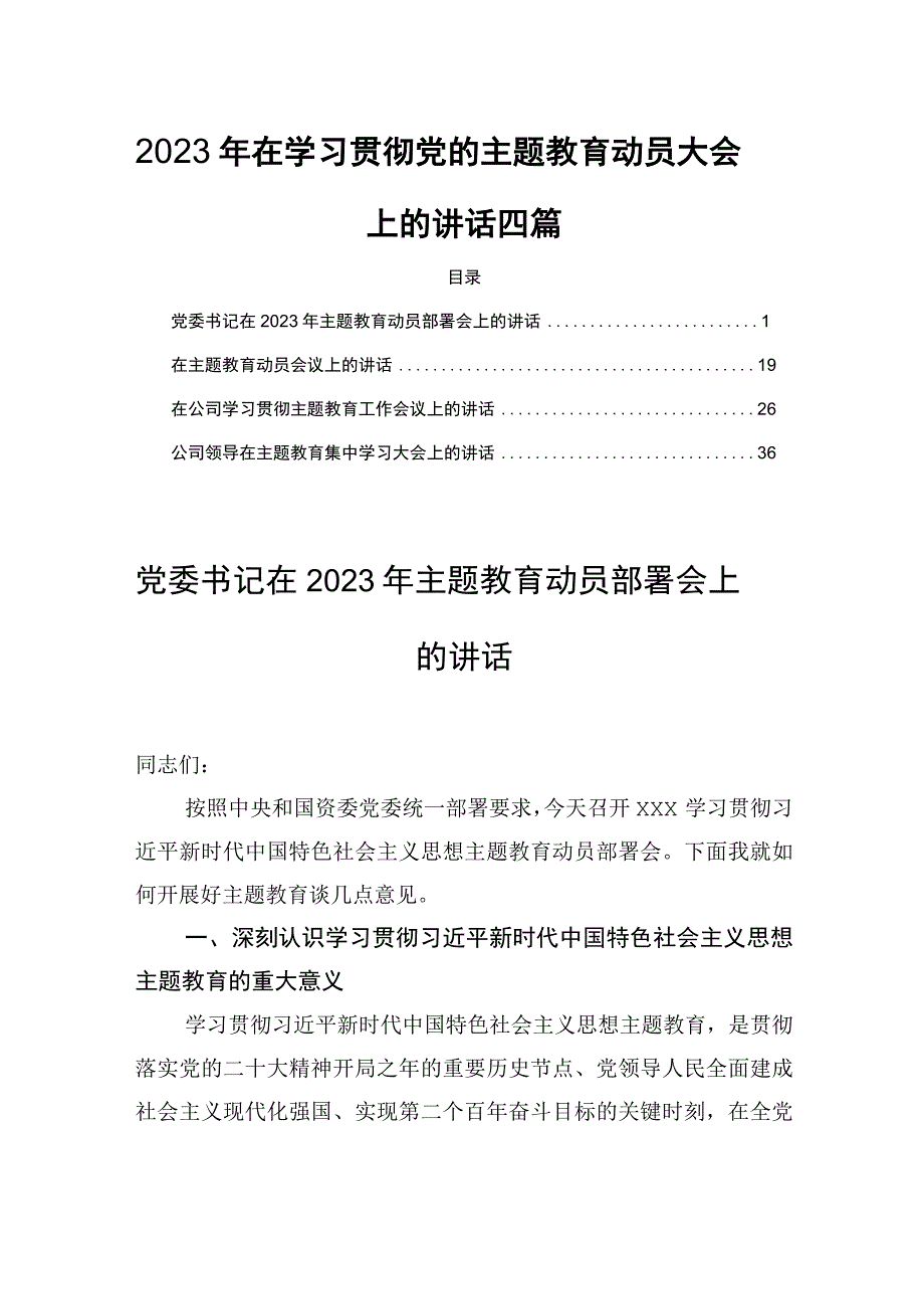 2023年在学习贯彻党的主题教育动员大会上的讲话四篇.docx_第1页