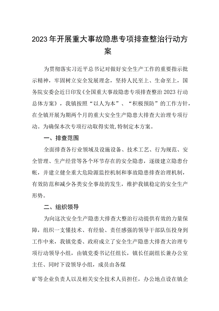 2023年开展重大事故隐患专项排查整治行动方案通用精选五篇.docx_第1页