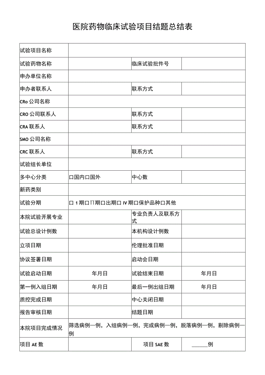 医院药物临床试验项目结题总结表.docx_第1页