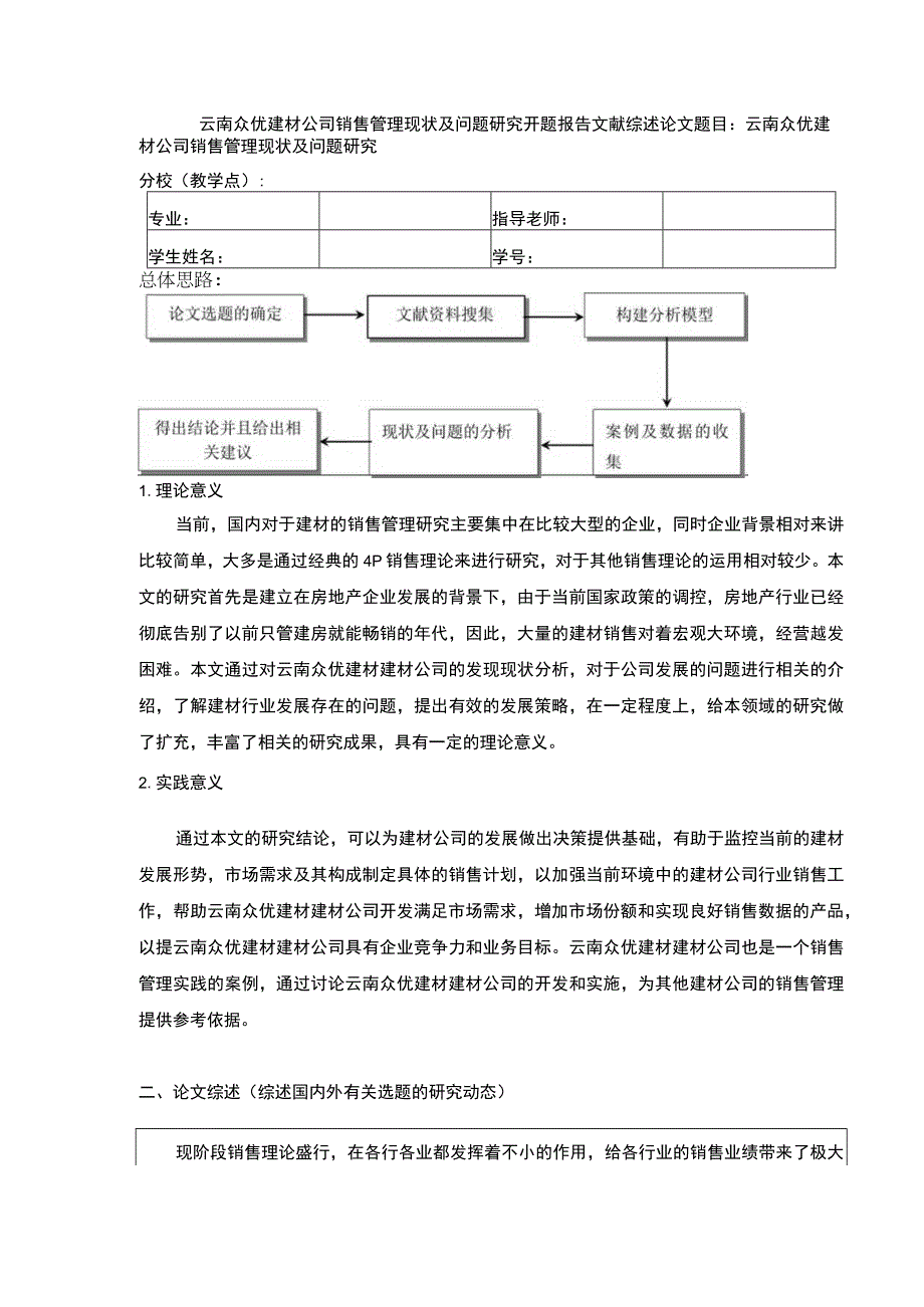 云南众优建材公司销售管理现状及问题案例分析开题报告文献综述含提纲.docx_第1页