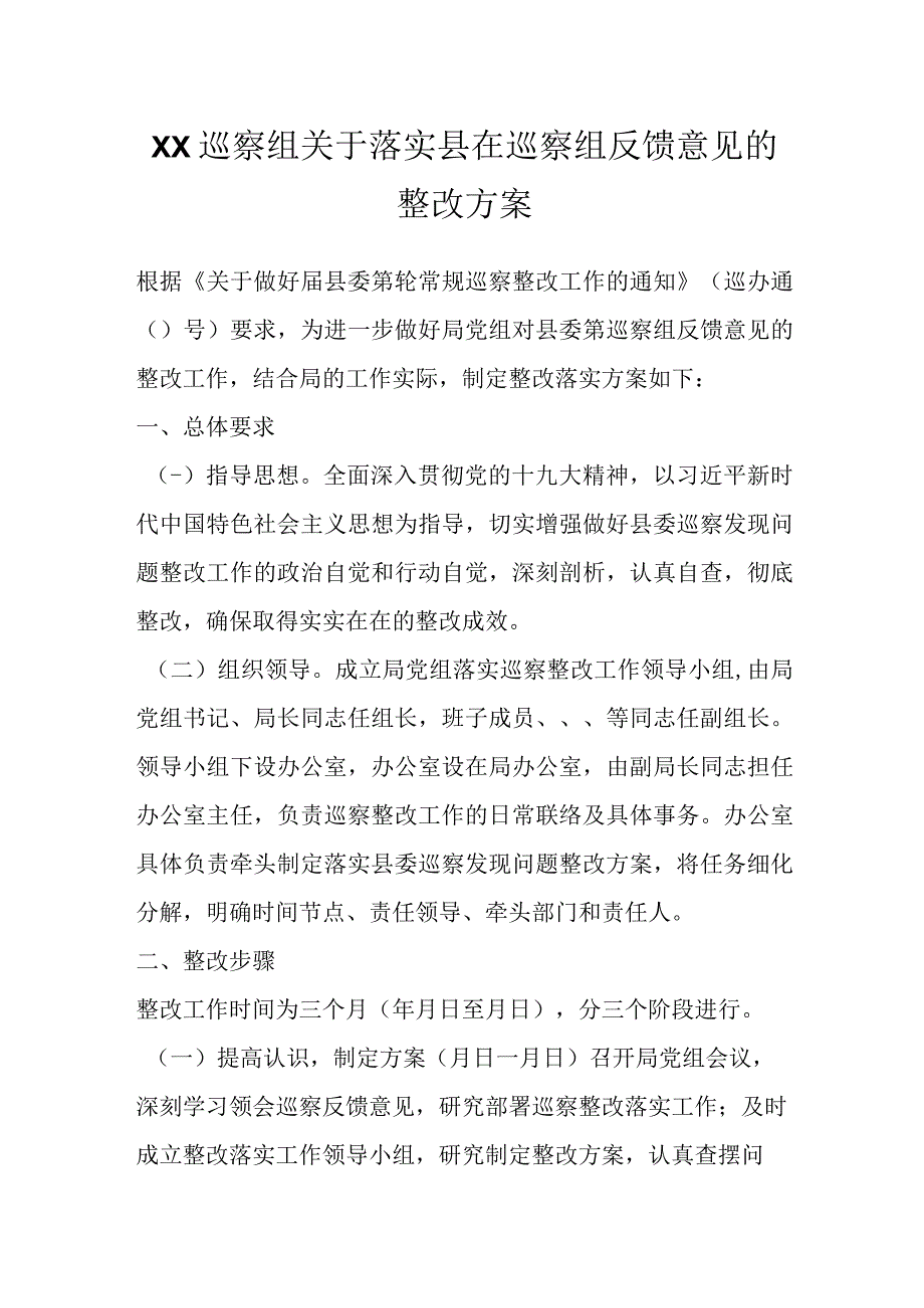 XX巡察组关于落实县在巡察组反馈意见的整改方案.docx_第1页