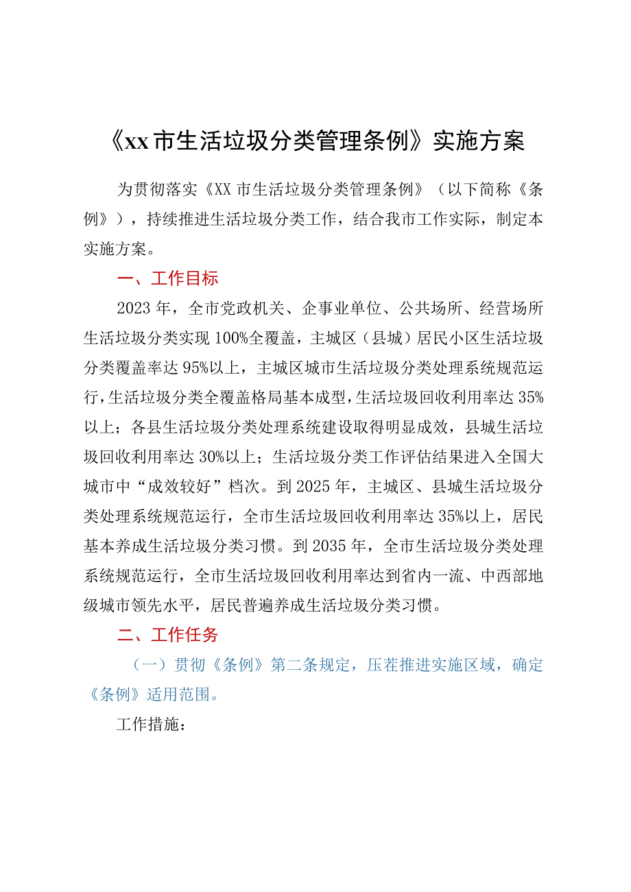 《XX市生活垃圾分类管理条例》实施方案.docx_第1页