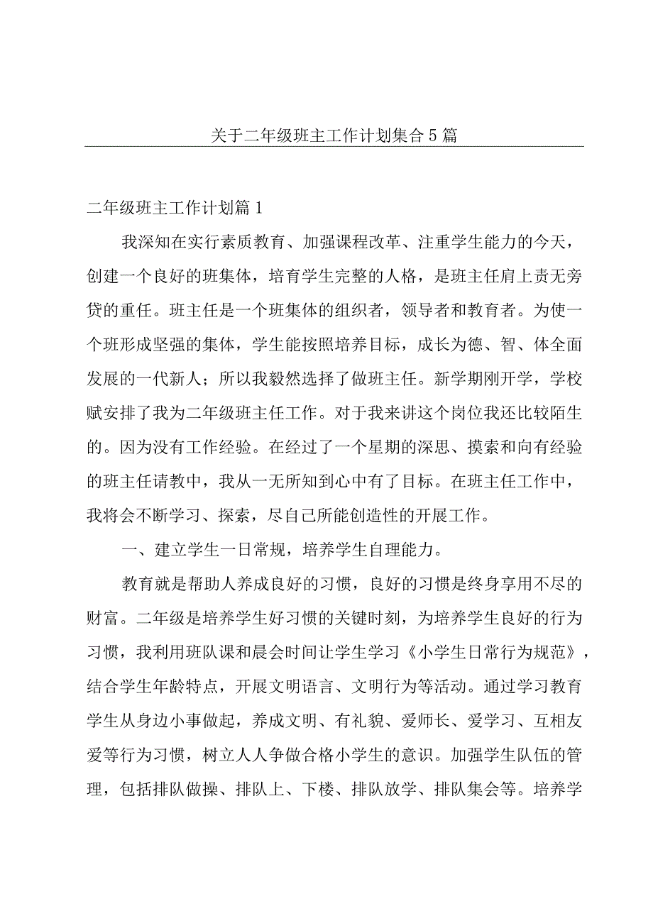 关于二年级班主工作计划集合5篇.docx_第1页