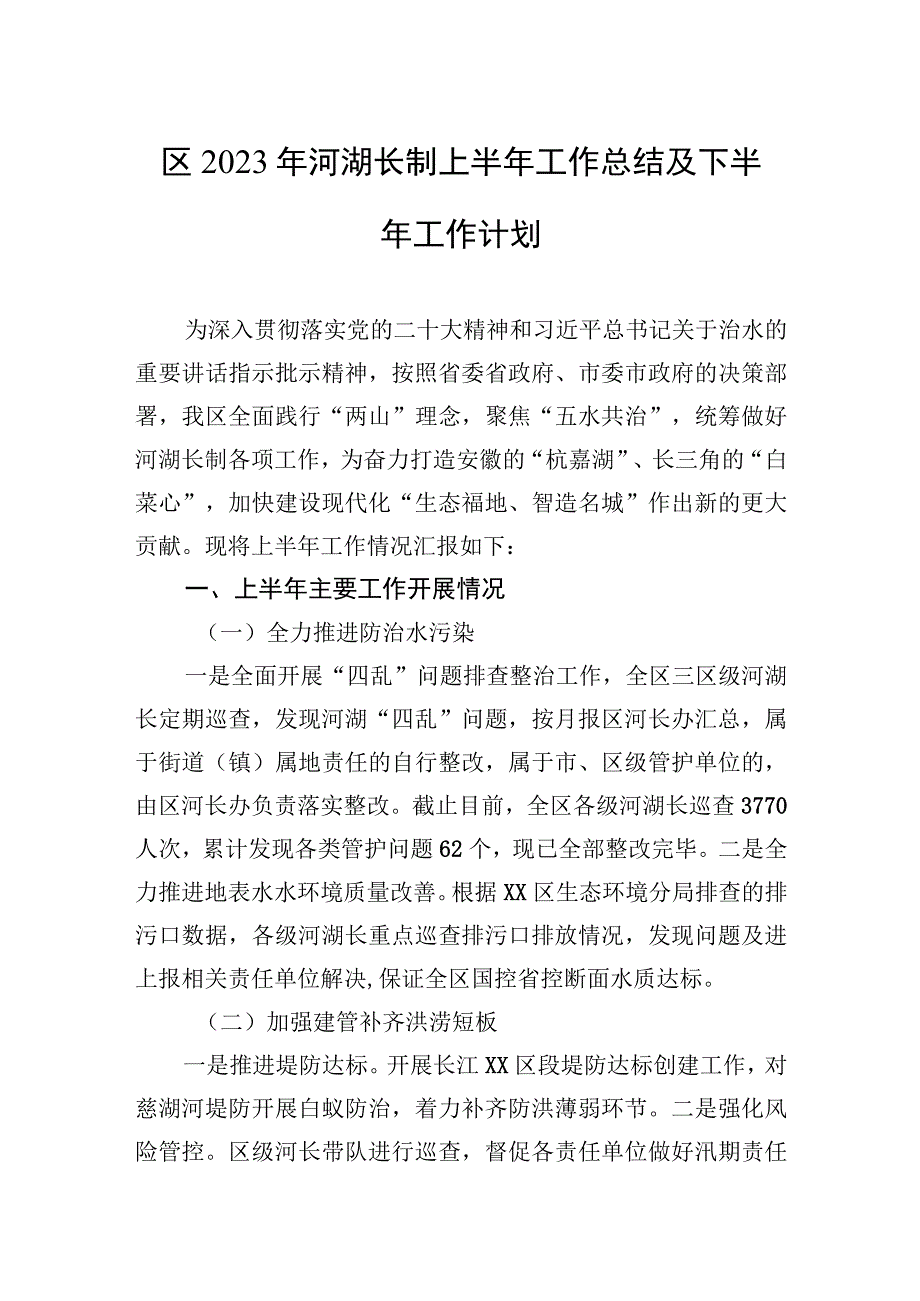 区2023年河湖长制上半年工作总结及下半年工作计划.docx_第1页