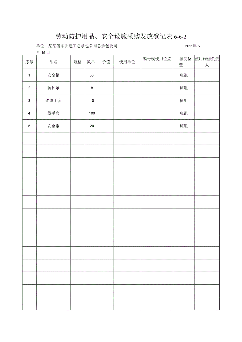 劳动防护用品安全设施采购发放登记表 1.docx_第1页