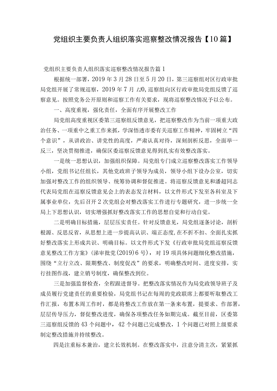 党组织主要负责人组织落实巡察整改情况报告10篇.docx_第1页