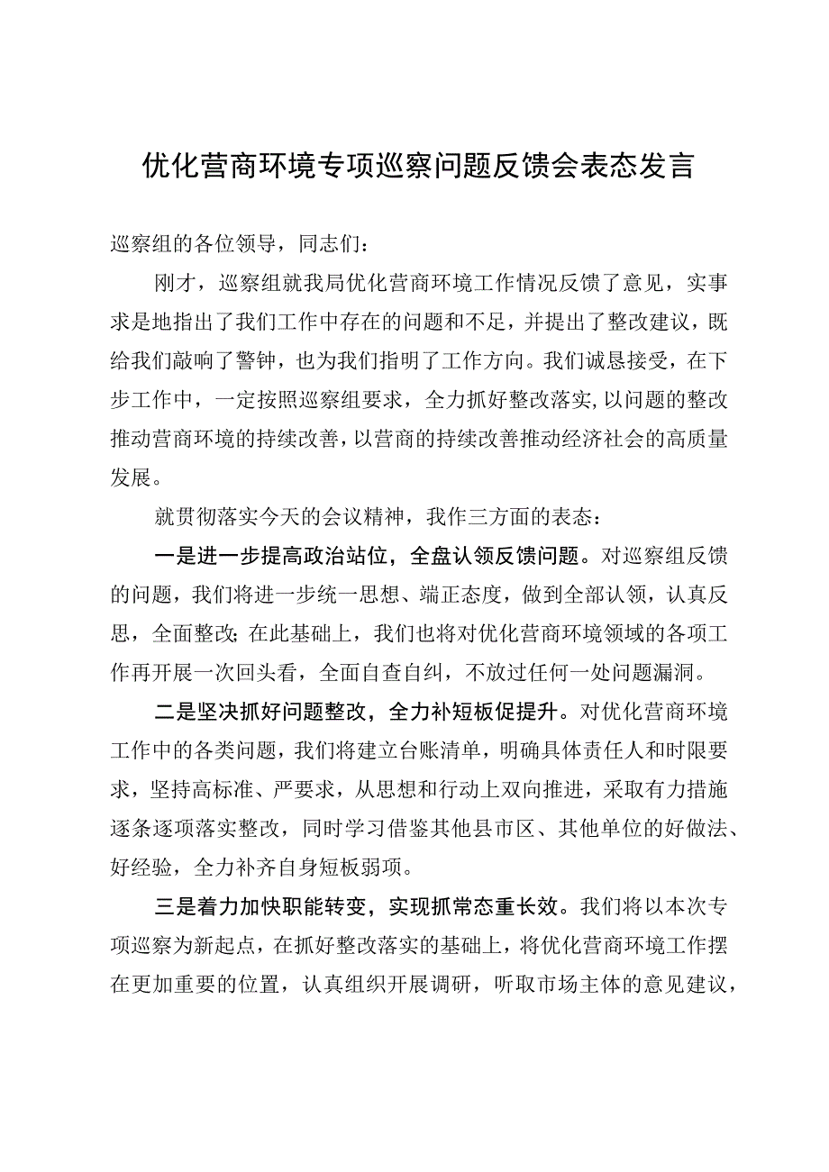 优化营商环境问题反馈会表态发言.docx_第1页