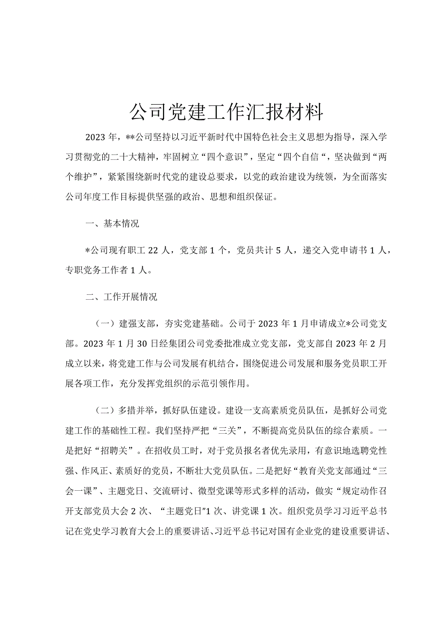 公司党建工作汇报材料.docx_第1页