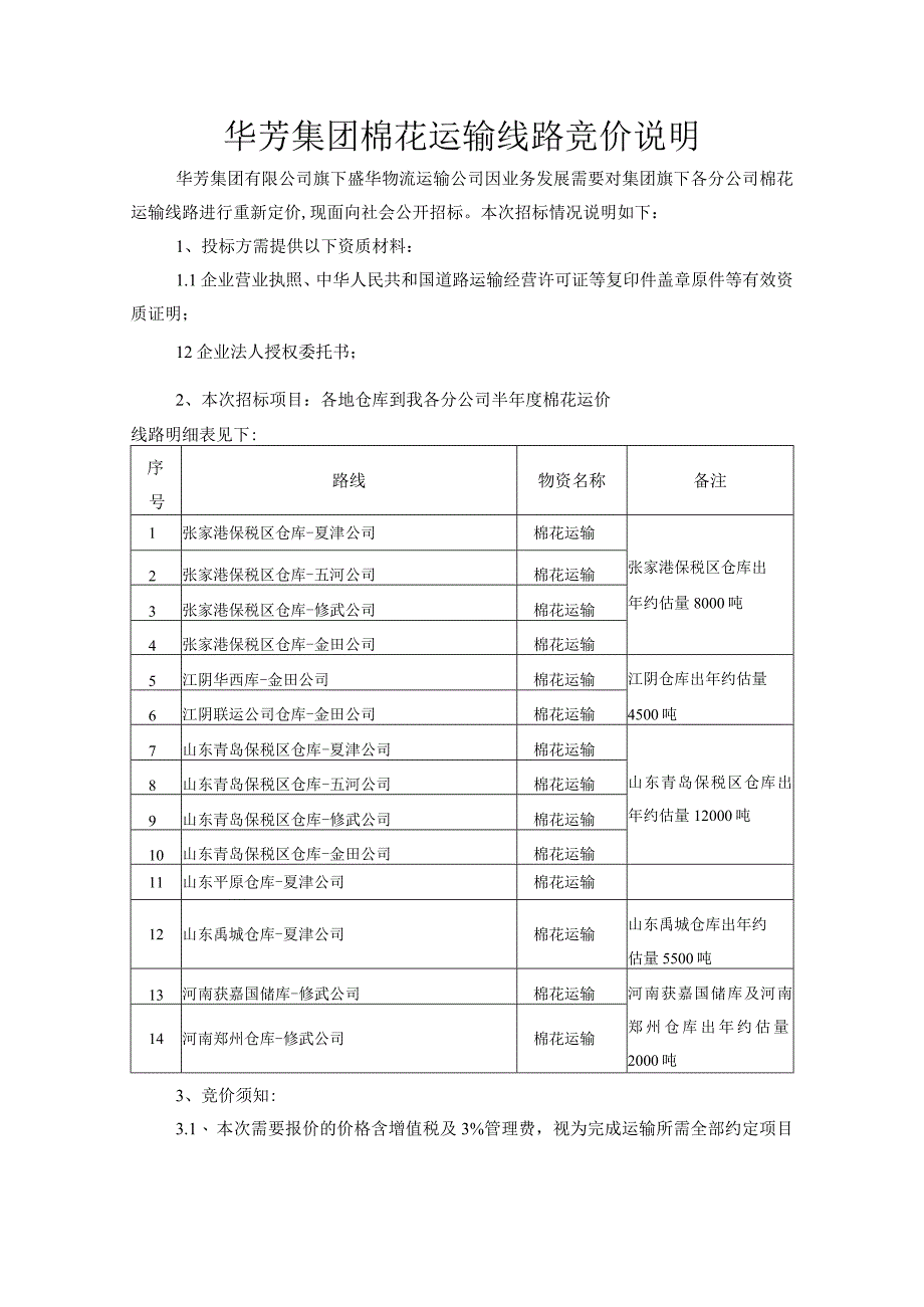 华芳集团棉花运输线路竞价说明.docx_第1页